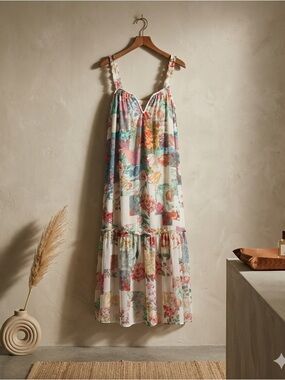 By Anthropologie Pink Combo Chiffon Shift Midi Dress Floral Multicolor NWT M